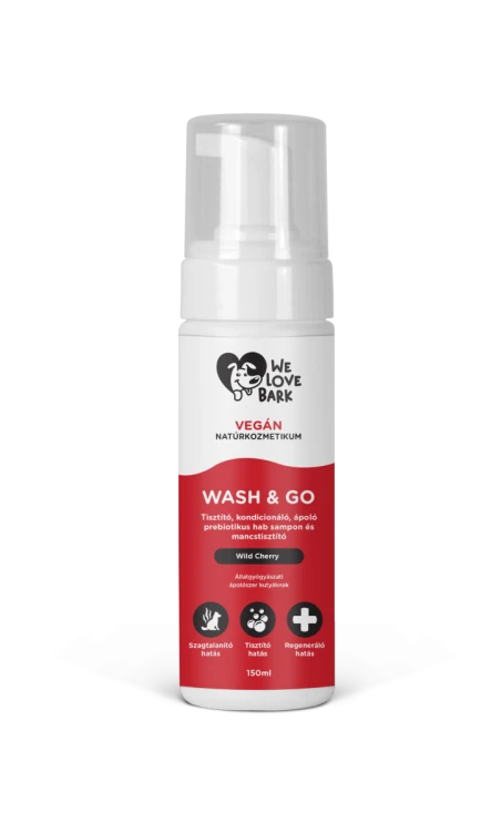 We Love Bark WASH &amp; GO Wild Cherry Oczyszczający, kondycjonujący, piankowy szampon prebiotyczny i środek do czyszczenia łap 150ml